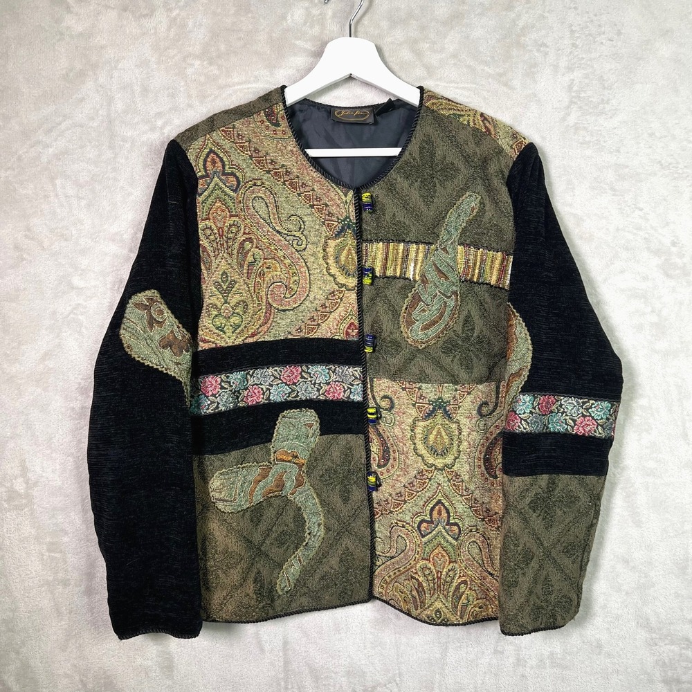 Vtg Julia Kim Green Tapestry Beaded Jacket Size M Art to Wear Boho Embroidered